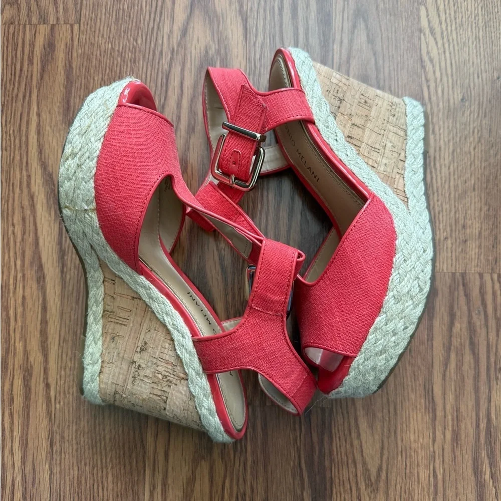 Antonio Melani Maree Coral T-Strap Wedge Espadrille Orange Sandals - Size 6